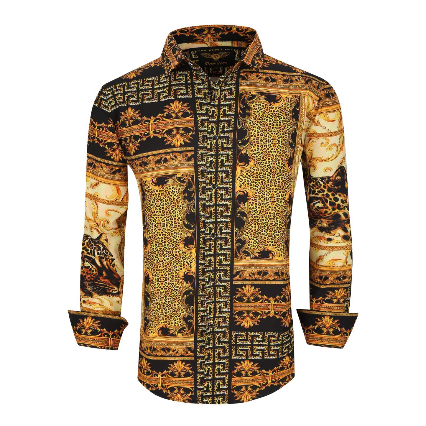 Men's PREMIERE Black Gold Leopard Tribal Paisley Long Sleeve Button Down Dress Shirt
