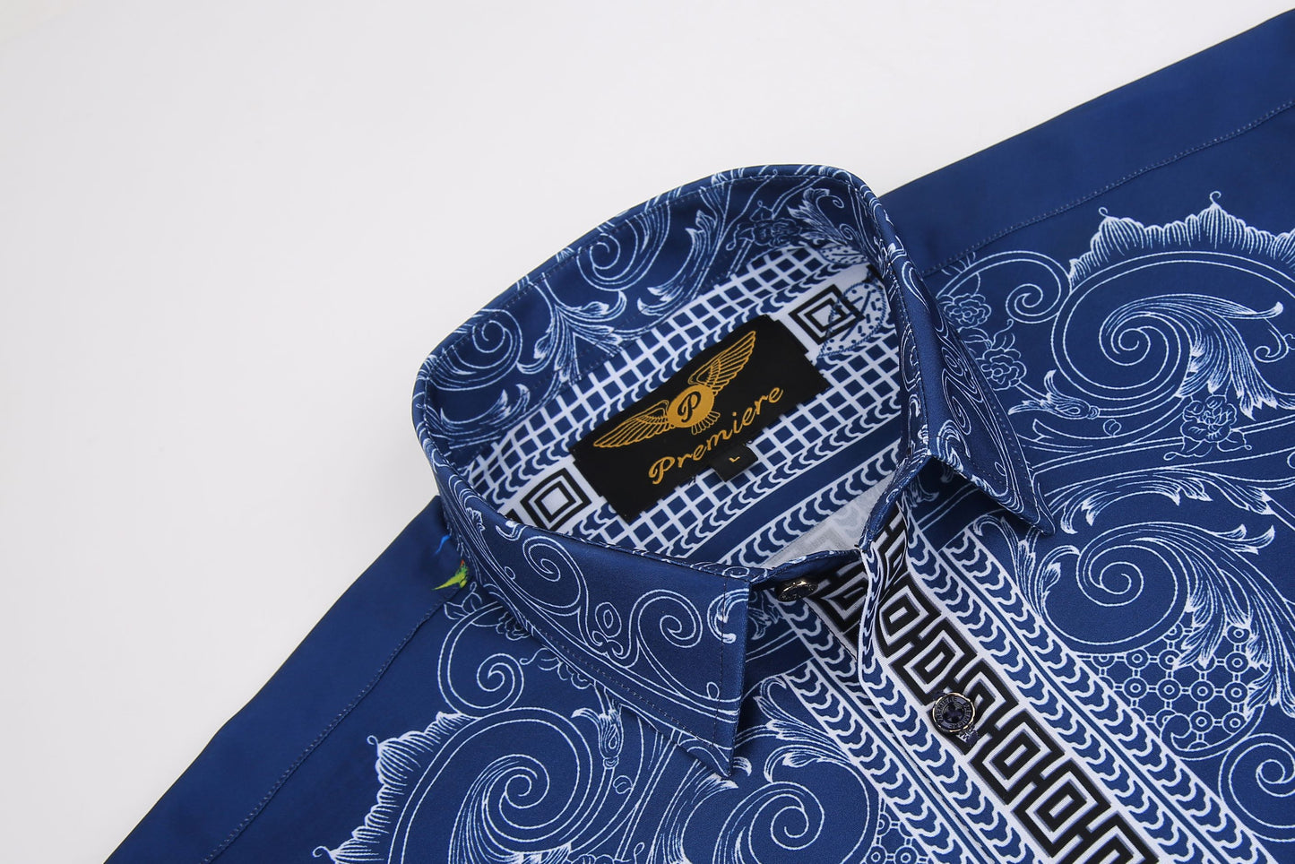 PREMIERE SHIRTS: BLUE/WHITE TRIBAL GEOMETRIC
