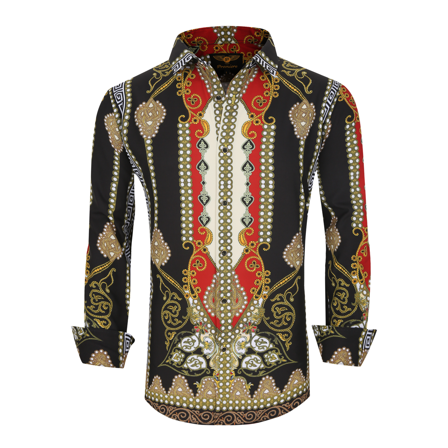 Men's PREMIERE Black White Red Pearl Spades Geometric Floral Tribal Design Long Sleeve Button Down Dress Shirt