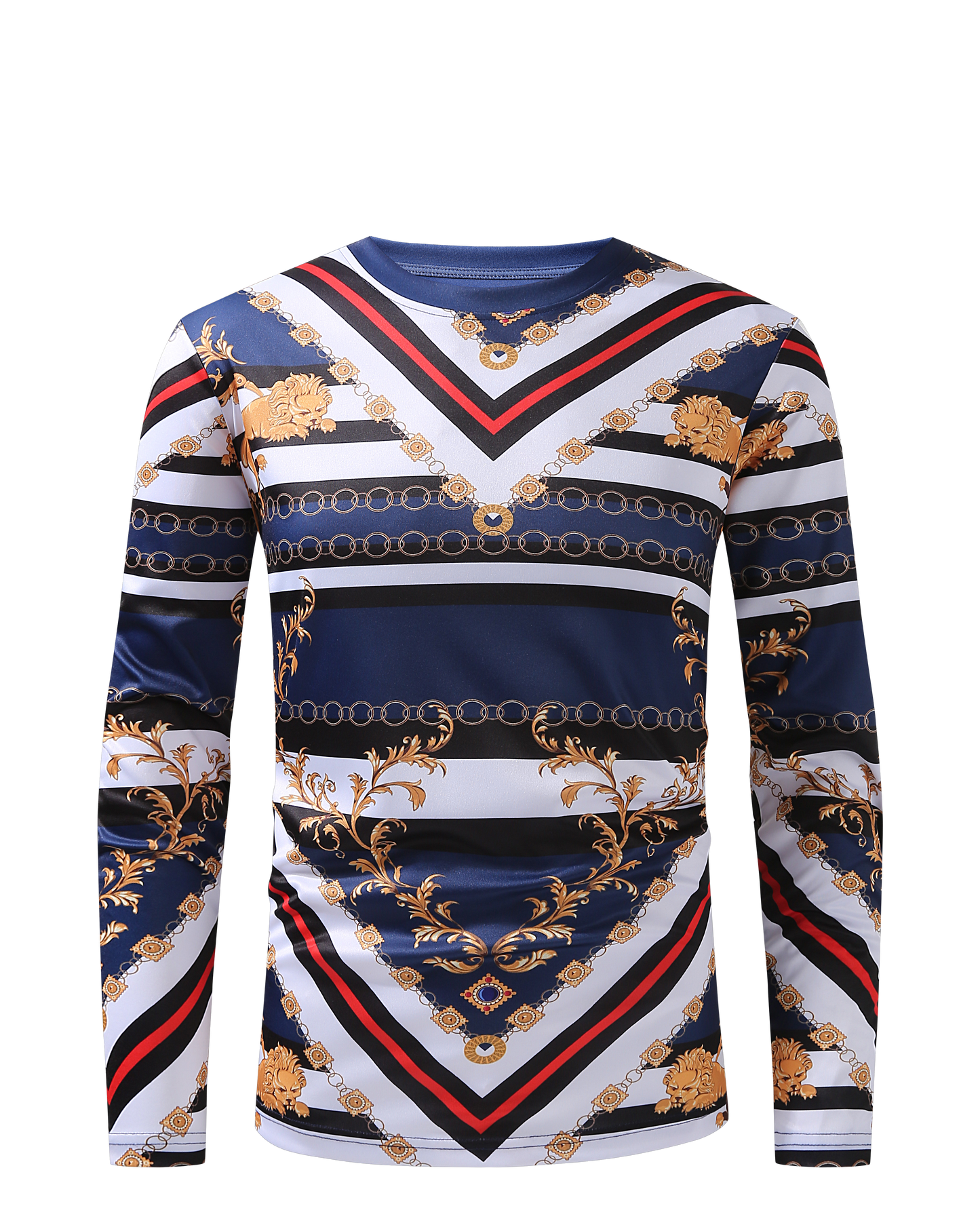 Men PREMIERE SLIM FIT Long Sleeve T SHIRT NAVY BLUE GOLD LION PRINT Designer Shirt