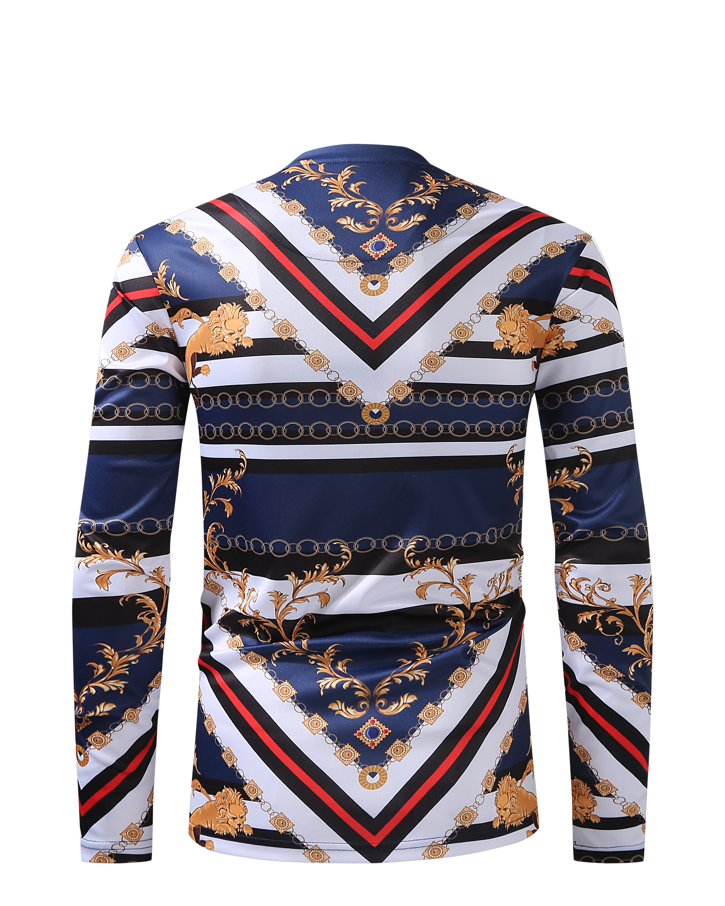 Men PREMIERE SLIM FIT Long Sleeve T SHIRT NAVY BLUE GOLD LION PRINT Designer Shirt