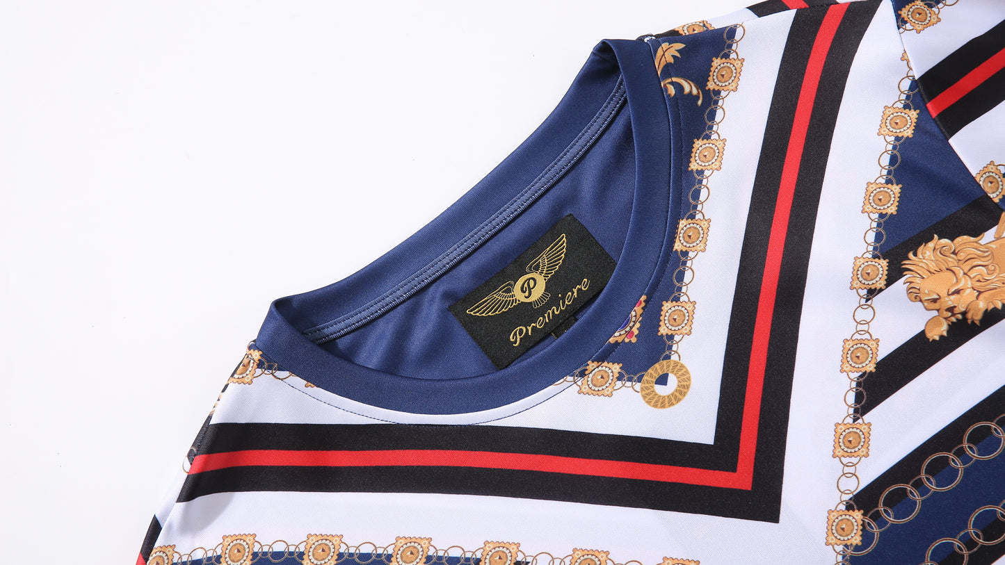 Men PREMIERE SLIM FIT Long Sleeve T SHIRT NAVY BLUE GOLD LION PRINT Designer Shirt