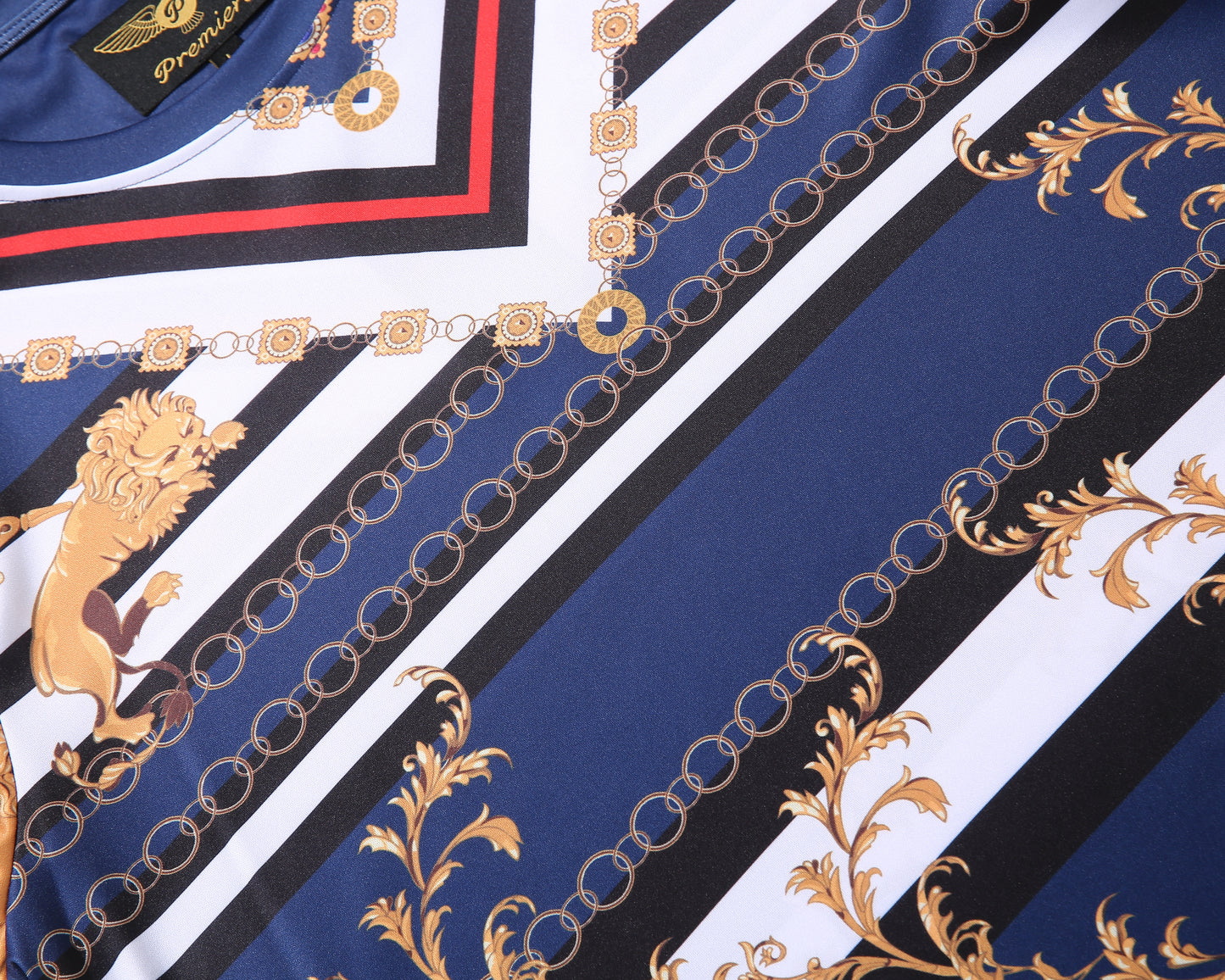 Men PREMIERE SLIM FIT Long Sleeve T SHIRT NAVY BLUE GOLD LION PRINT Designer Shirt