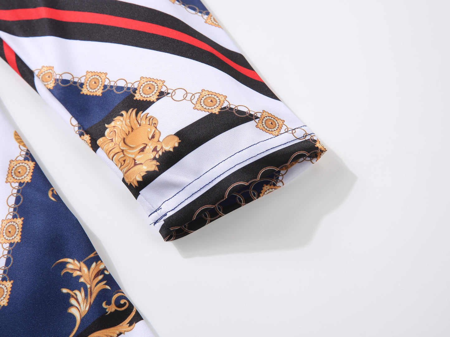 Men PREMIERE SLIM FIT Long Sleeve T SHIRT NAVY BLUE GOLD LION PRINT Designer Shirt
