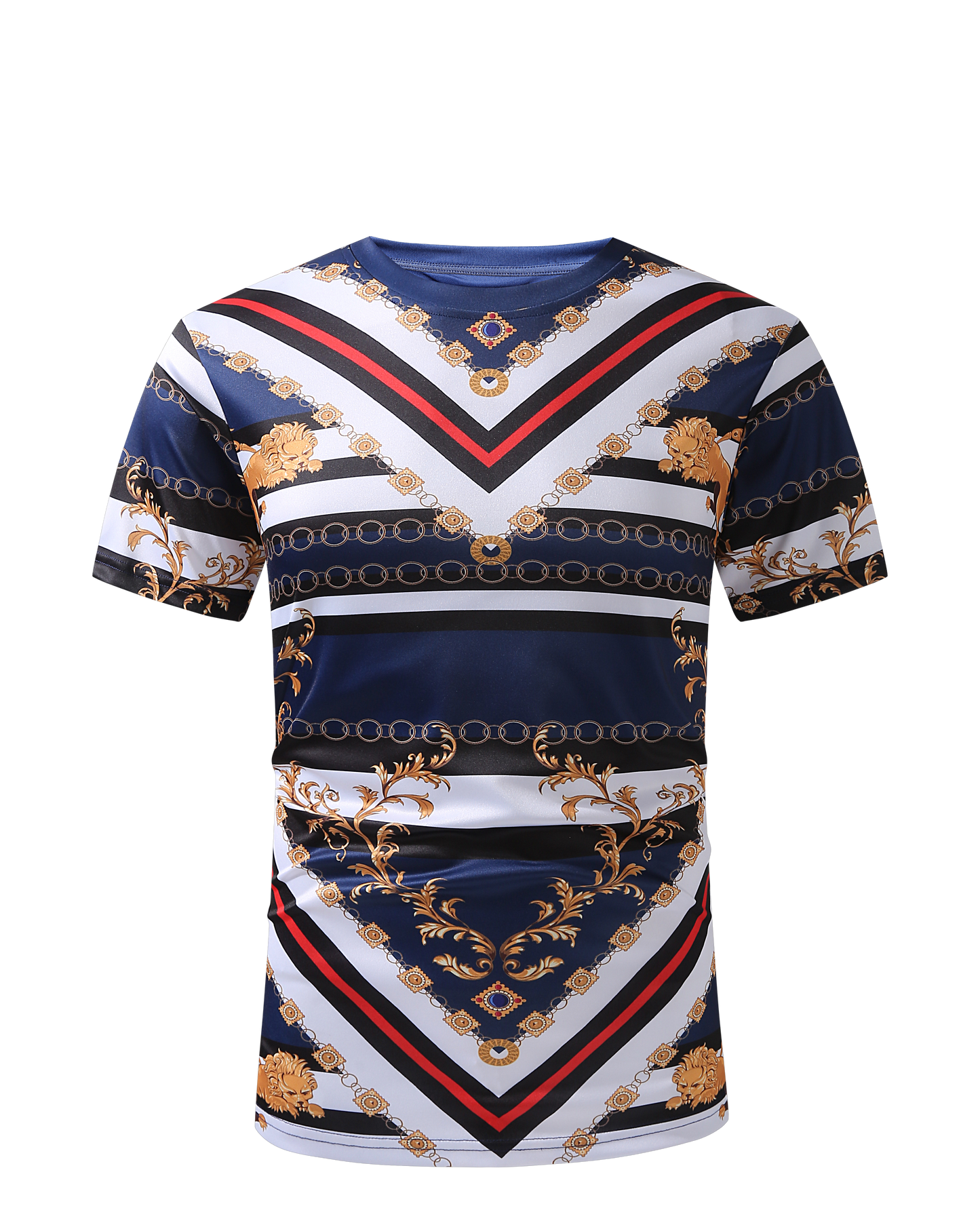 Men PREMIERE SLIM FIT Short Sleeve T SHIRT NAVY BLUE GOLD LION PRINT Designer Shirt