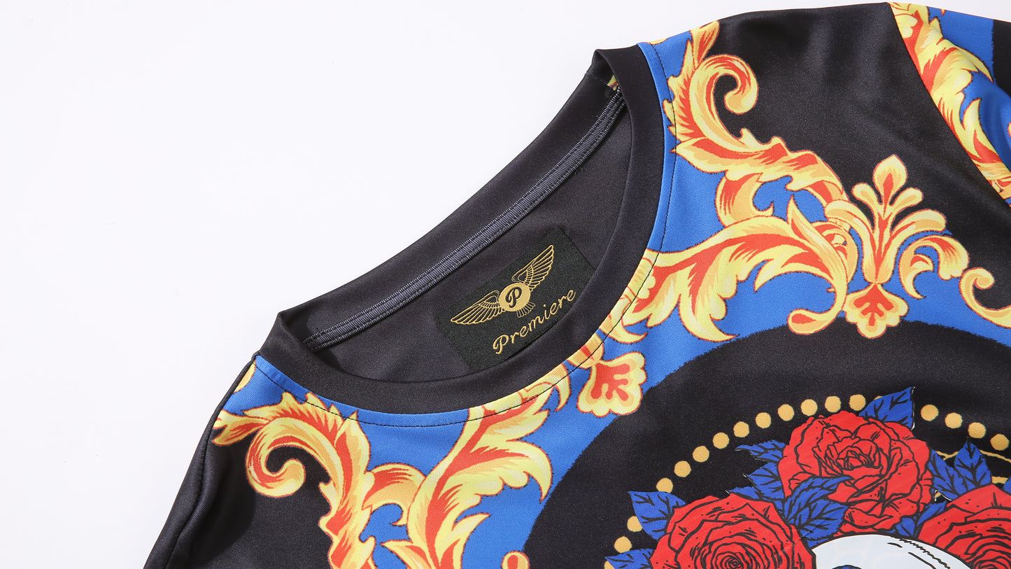 Men PREMIERE SLIM FIT Long Sleeve T SHIRT BLACK RED BLUE SKULL ROSE CHAIN PRINT Designer Shirt
