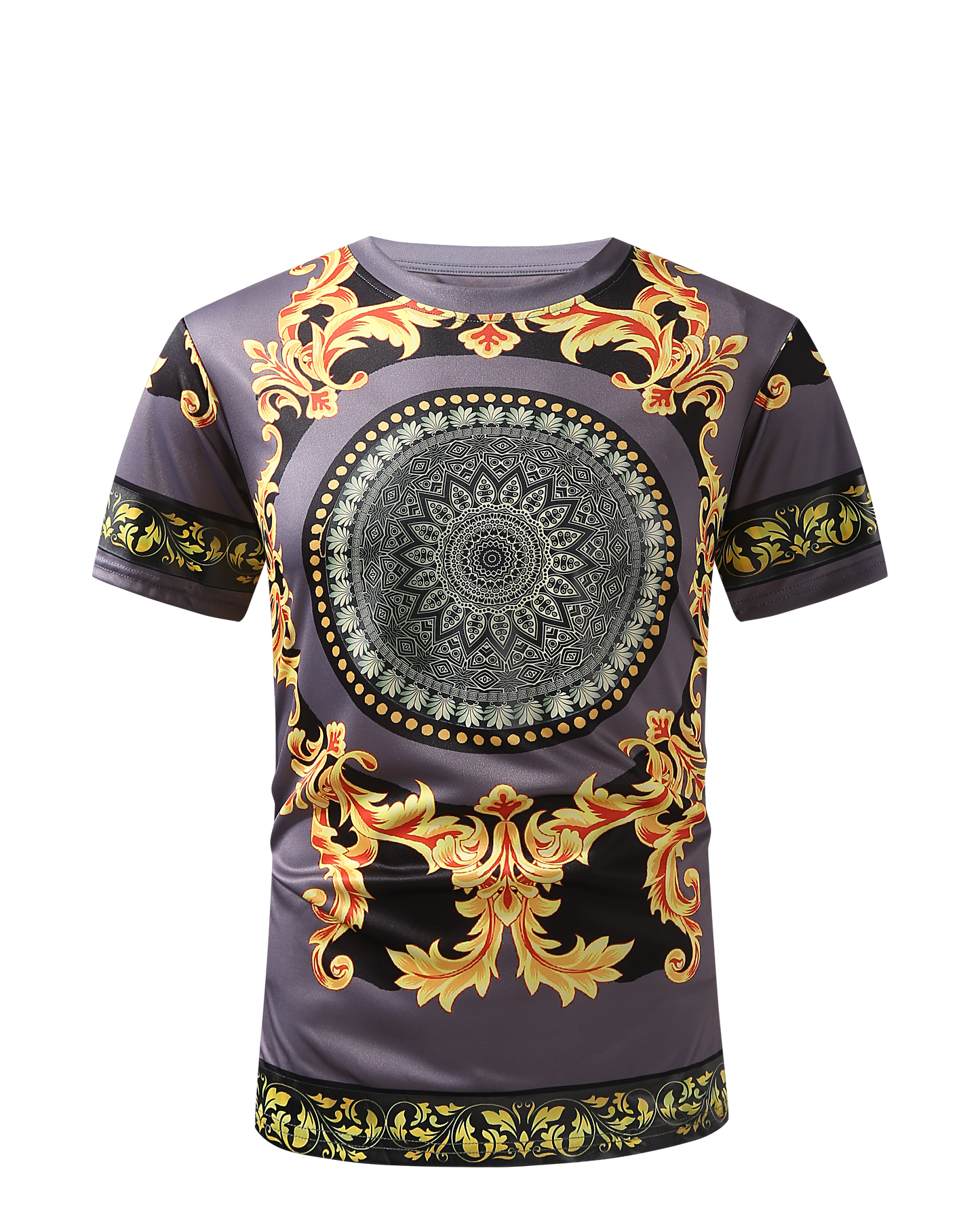 Men PREMIERE SLIM FIT Short Sleeve T SHIRT CHARCOAL GREY GOLD FLORAL PRINT Designer Shirt