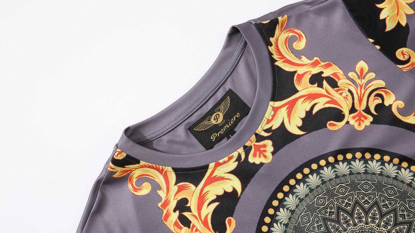 Men PREMIERE SLIM FIT Short Sleeve T SHIRT CHARCOAL GREY GOLD FLORAL PRINT Designer Shirt