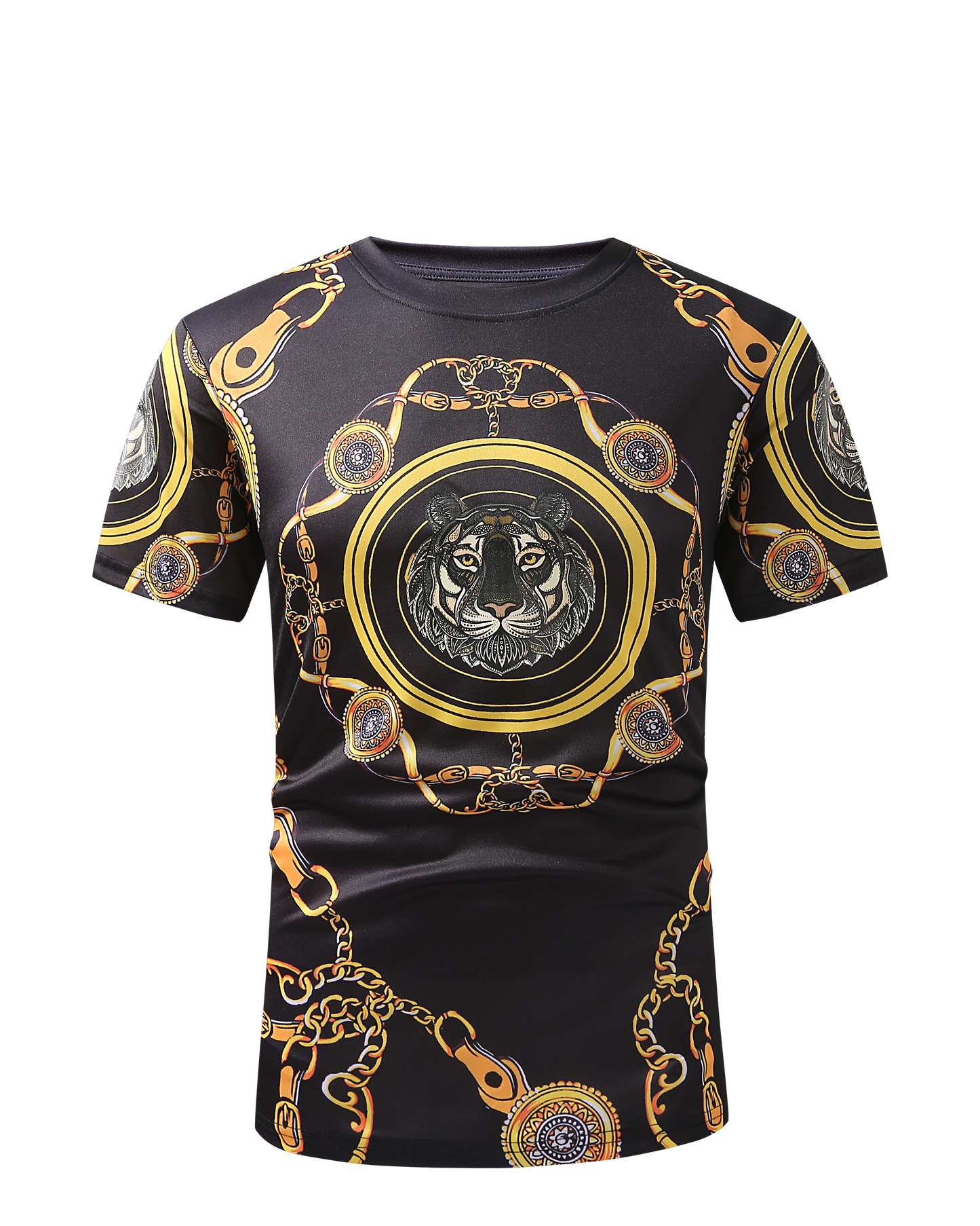 Men PREMIERE SLIM FIT Short Sleeve T SHIRT BLACK GOLD KING LION CHAIN PRINT Designer Shirt