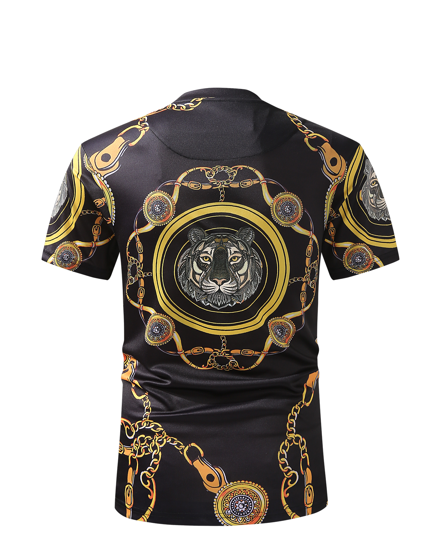 Men PREMIERE SLIM FIT Short Sleeve T SHIRT BLACK GOLD KING LION CHAIN PRINT Designer Shirt