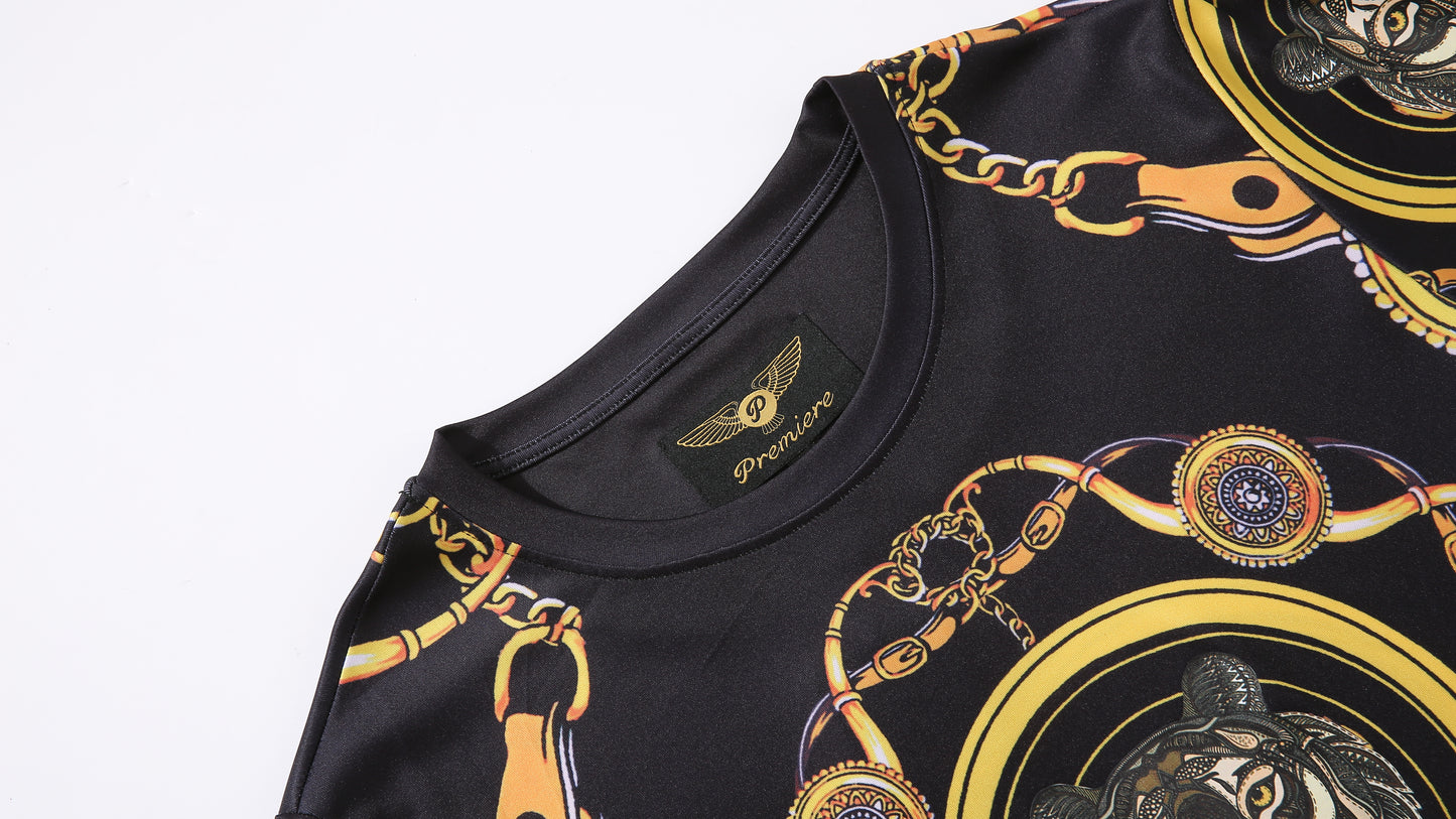 Men PREMIERE SLIM FIT Short Sleeve T SHIRT BLACK GOLD KING LION CHAIN PRINT Designer Shirt