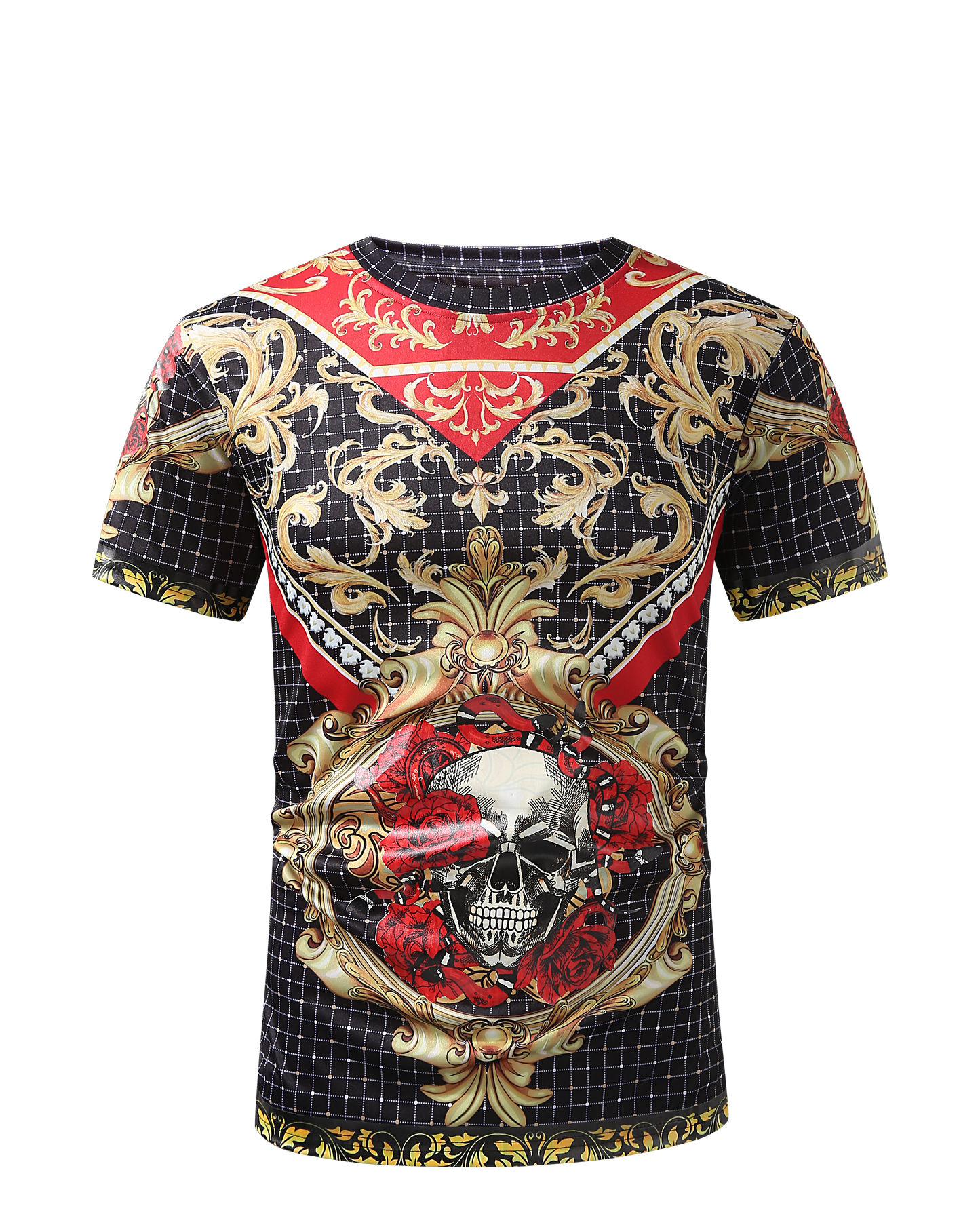 Men PREMIERE SLIM FIT Short Sleeve T SHIRT BLACK RED SKULL ROSE CHAIN PRINT Designer Shirt