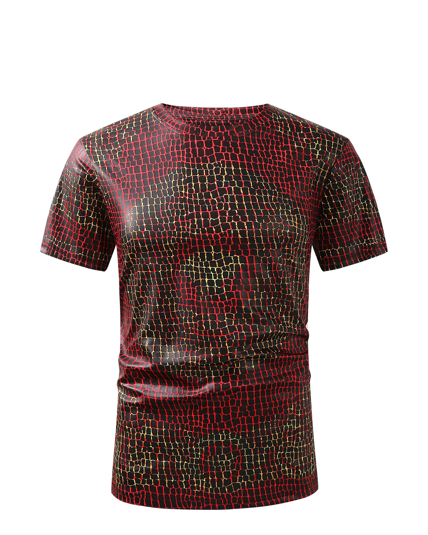 Men PREMIERE SLIM FIT Short Sleeve T SHIRT RED GOLD CHAIN REPTILE CROCODILE SKIN PRINT Designer Shirt