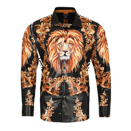 Men's Long Sleeve Button Down Dress Shirt Roar Tiger Black White Gold Lion