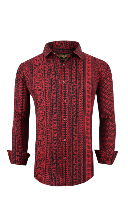 PREMIERE SHIRTS: BLACK RED TRIBAL GEOMETRIC