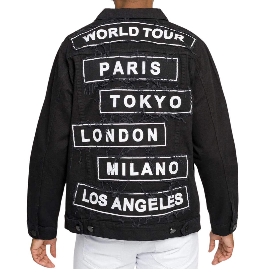 Mens Denim Jacket Jet Black White Print World Tour Paris Tokyo London Milan LA