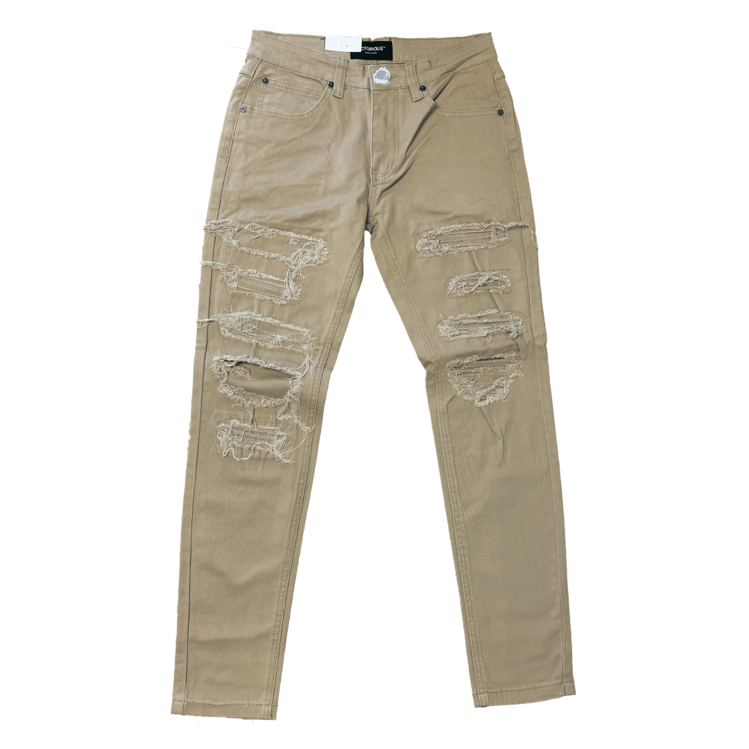Men's Premium Distressed Khaki Denim Wash Skinny Jeans with Stretch