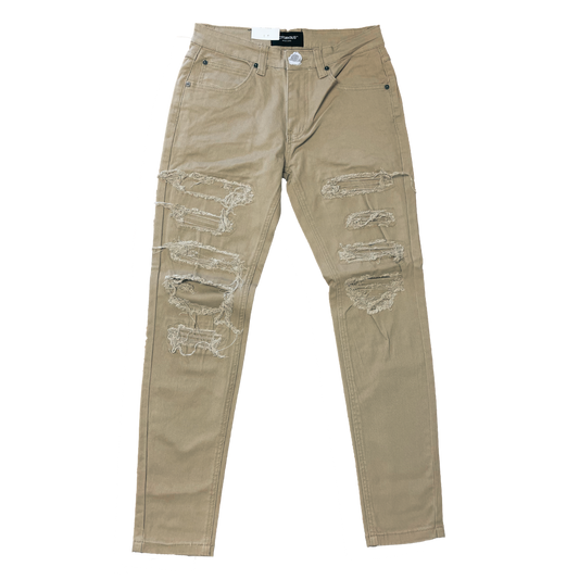 Men's Premium Distressed Khaki Denim Wash Skinny Jeans with Stretch