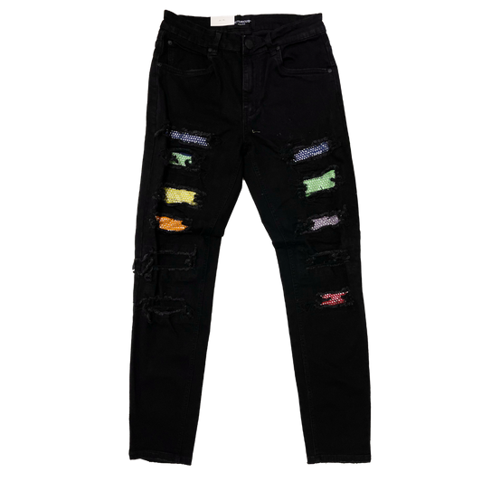 Men's Premium Distressed Jet Black Wash Colorful Stones Patch Distressed Denim Jeans