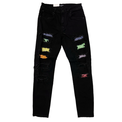 Men's Premium Distressed Jet Black Wash Colorful Stones Patch Distressed Denim Jeans