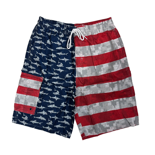 PREMIERE BATHING SUITS: USA RED WHITE BLUE FISH SHARK
