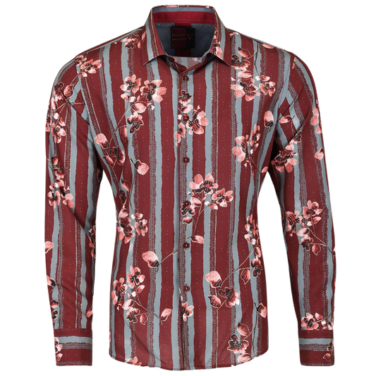 PREMIERE SHIRTS: BURGUNDY RED/WHITE FLORAL STRIPES