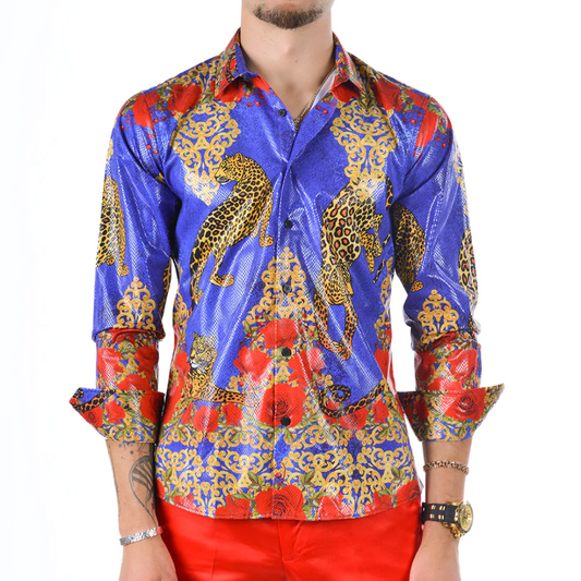 Men's Long Sleeve Button Down Dress Shirt Colorful Blue Red Gold Leopard Floral Geometric