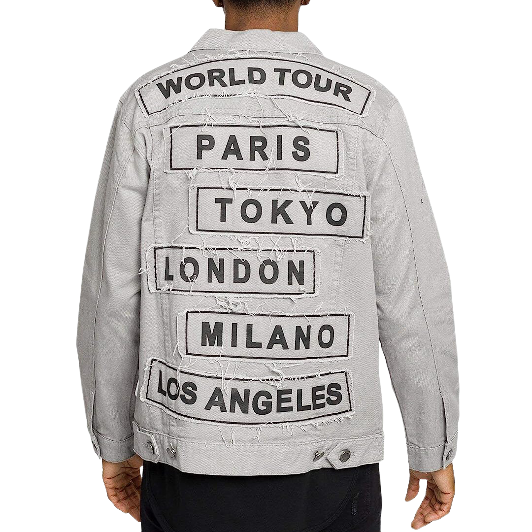 Mens Denim Jacket Grey with Black Print World Tour Paris Tokyo London Milan LA