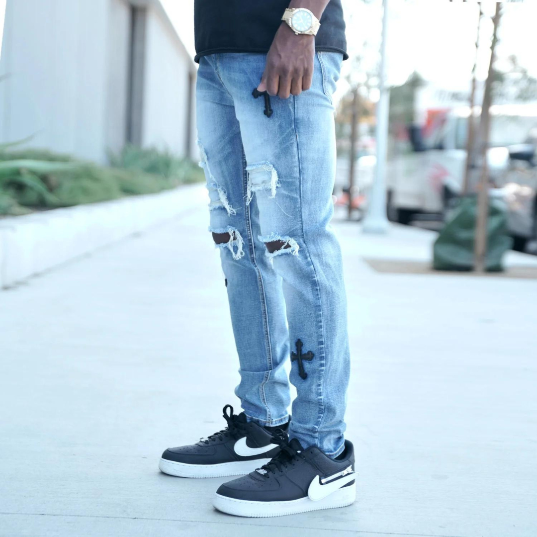 Men's Premium Black Cross Distressed Light Blue Denim Light Wash Slim Fit Jeans with Stretch