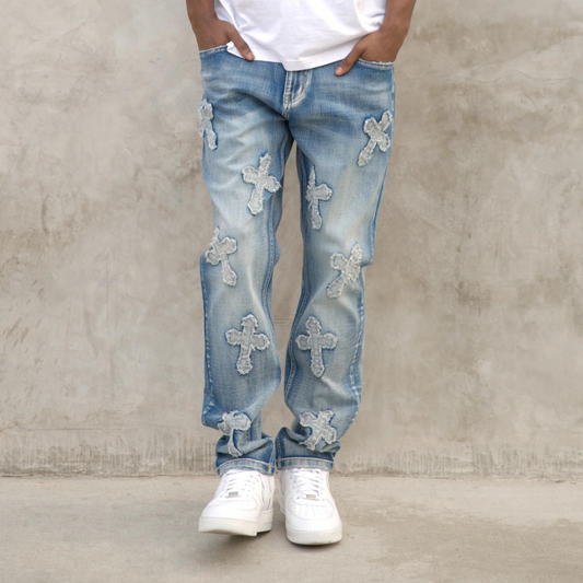 Men's Premium Denim Cross Distressed Light Blue Denim Light Wash Slim Fit Jeans with Stretch