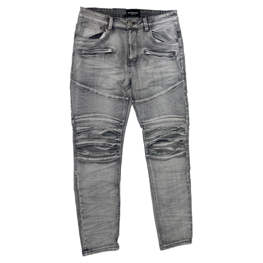 Men's Premium Distressed Grey Wash Biker Denim Jeans