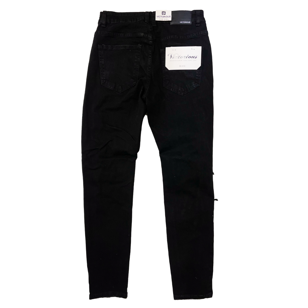 Men's Premium Distressed Jet Black Wash Colorful Stones Patch Distressed Denim Jeans
