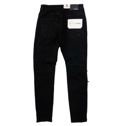 Men's Premium Distressed Jet Black Wash Colorful Stones Patch Distressed Denim Jeans