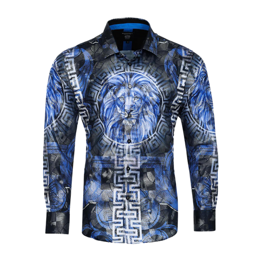 Men's Long Sleeve Button Down Dress Shirt Roar Lion Blue Black White Leaf Tiger