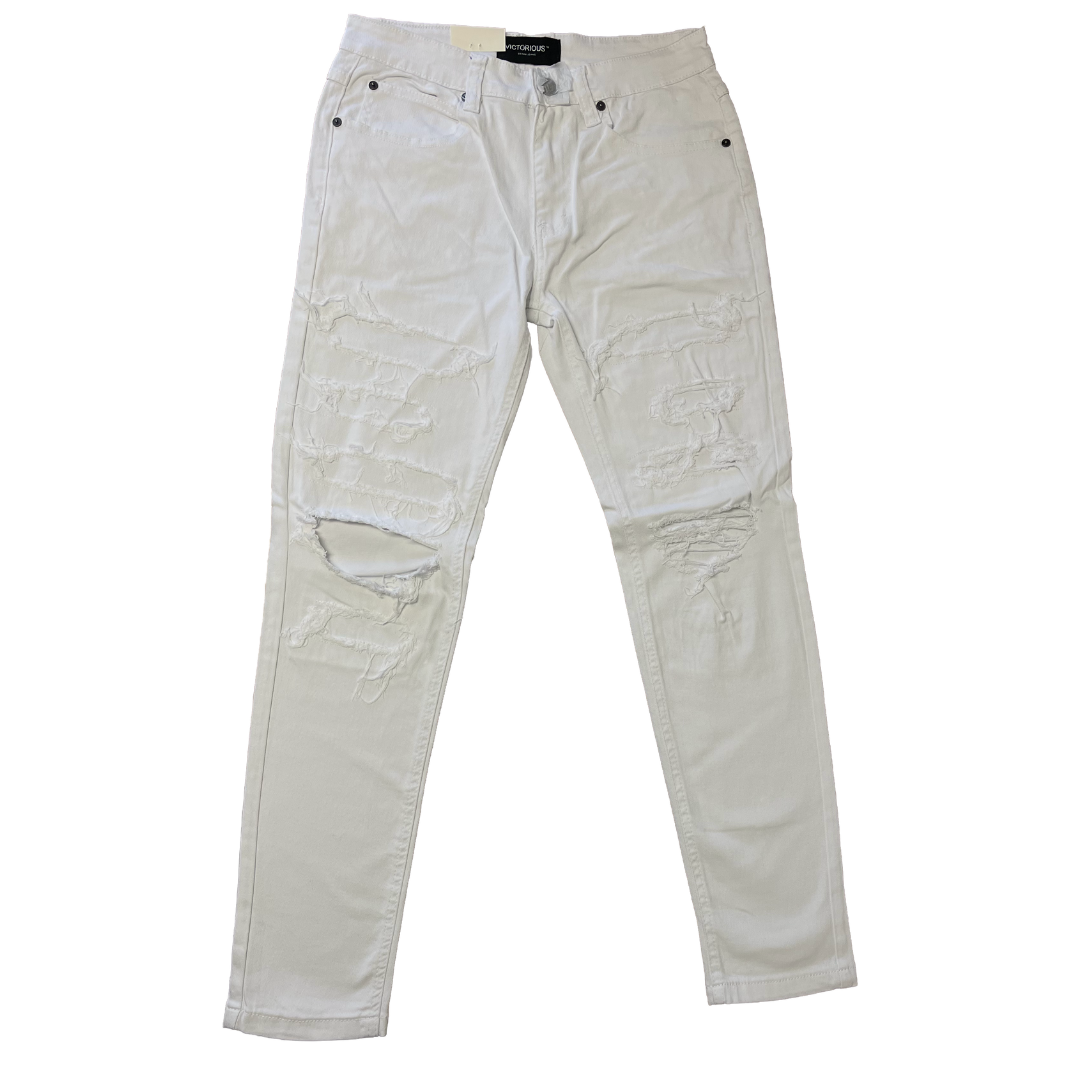 Men's Premium Distressed White Denim Wash Skinny Jeans with Stretch