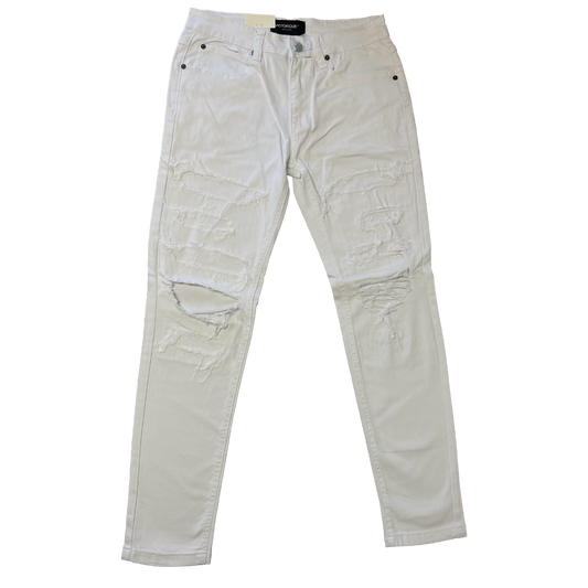 Men's Premium Distressed White Denim Wash Skinny Jeans with Stretch