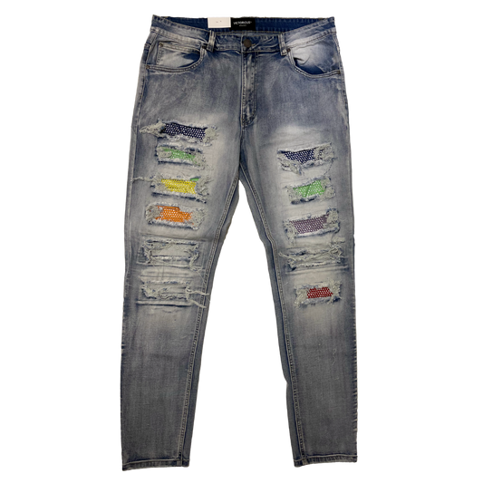 Men's Premium Distressed Blue Wash Colorful Stones Patch Distressed Denim Jeans