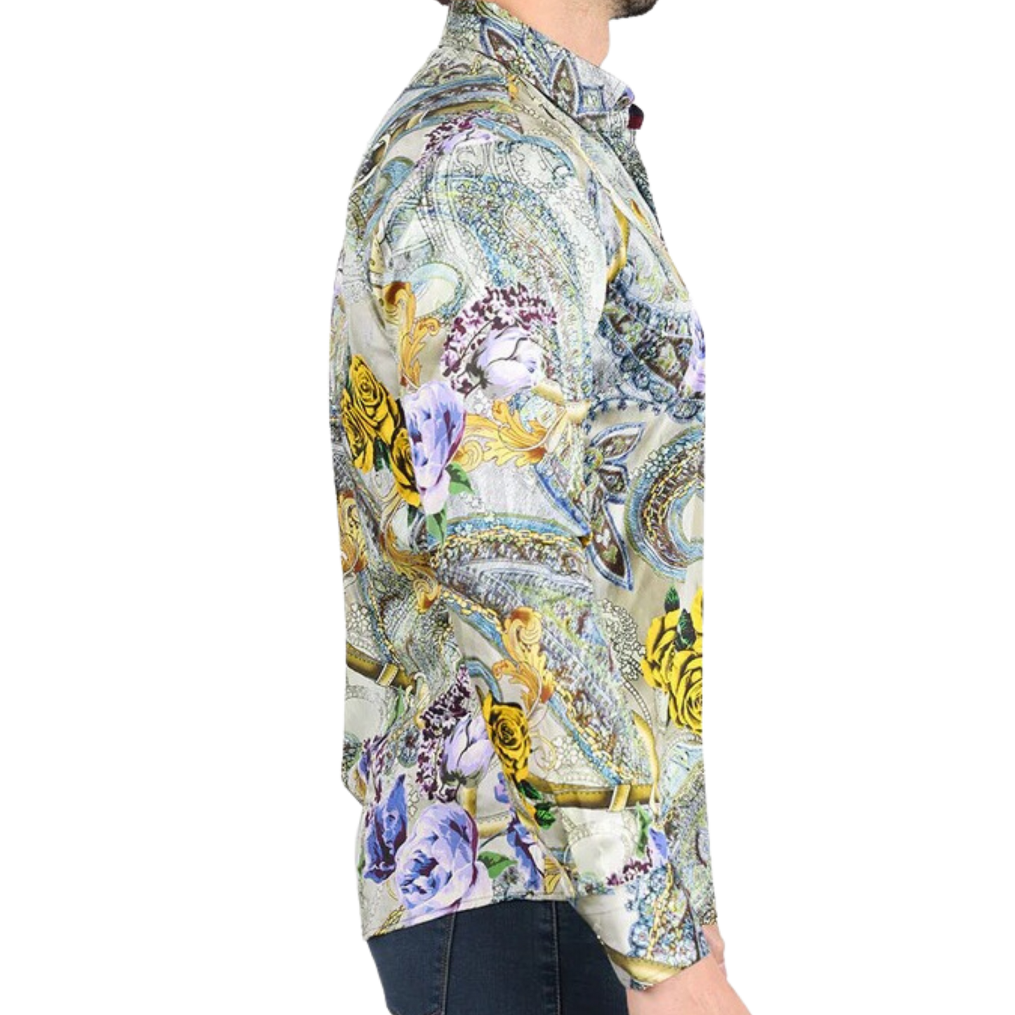 PREMIERE SHIRTS: GREY/SILVER COLORFUL FOIL PAISLEY FLORAL