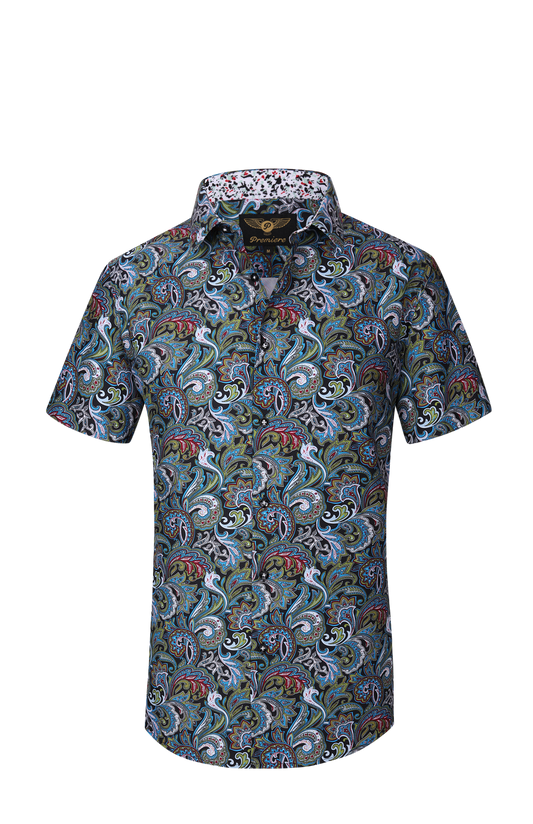 PREMIERE SHORT SLEEVE SHIRTS: MULTICOLOR GREEN PAISLEY