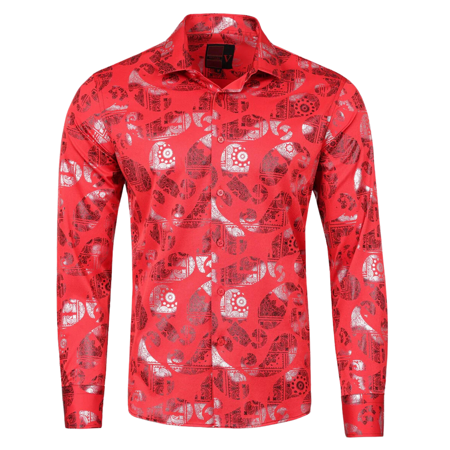 PREMIERE SHIRTS: RED SILVER FOIL PAISLEY