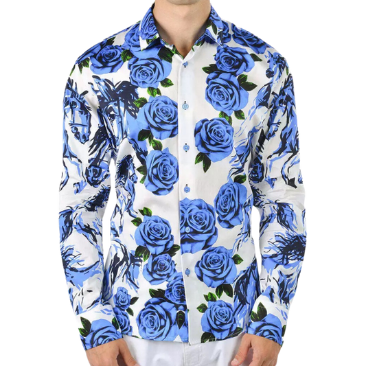 PREMIERE SHIRTS: BLUE/WHITE WILD HORSE FLORAL