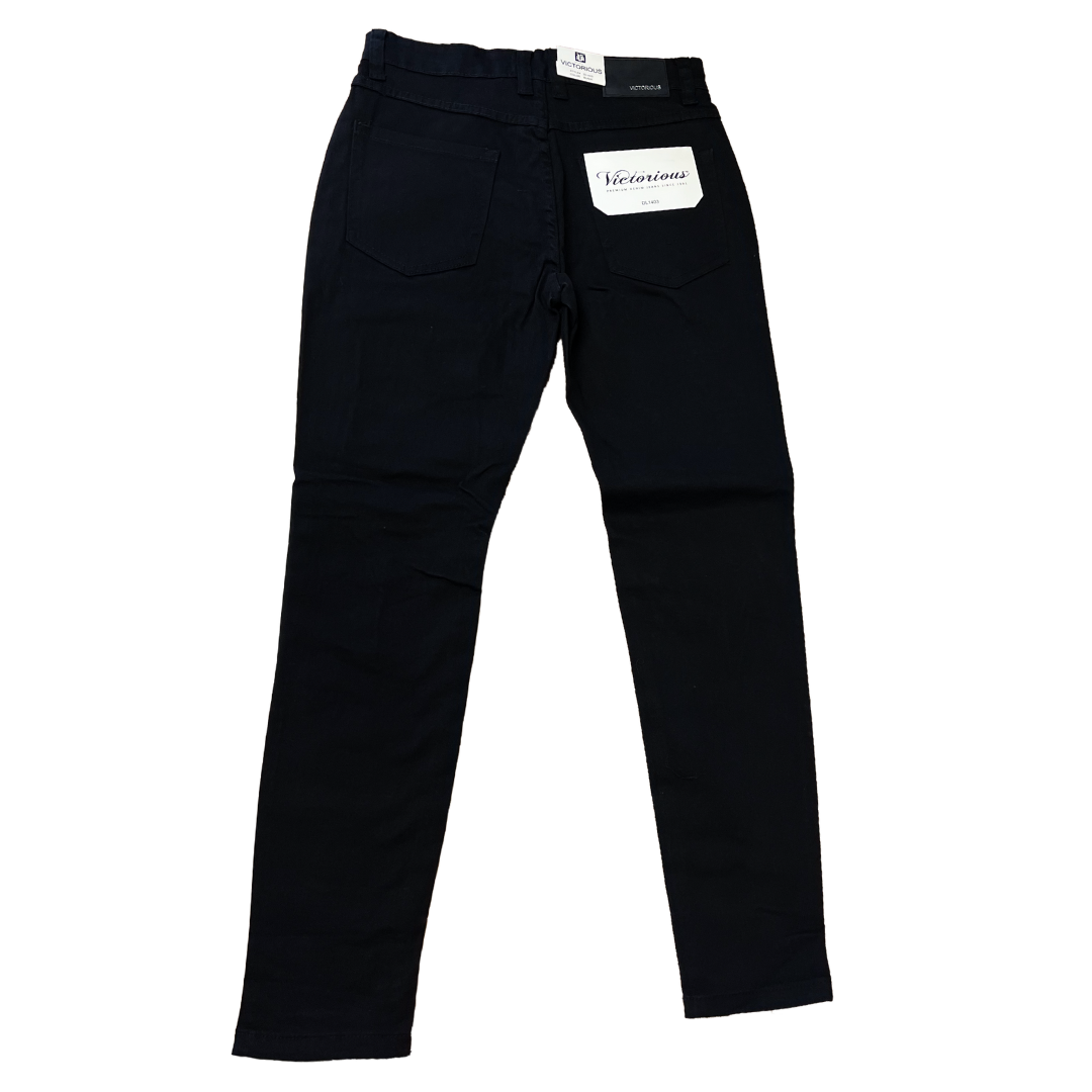 Men's Premium Distressed Jet Black Denim Wash Skinny Jeans with Stretch