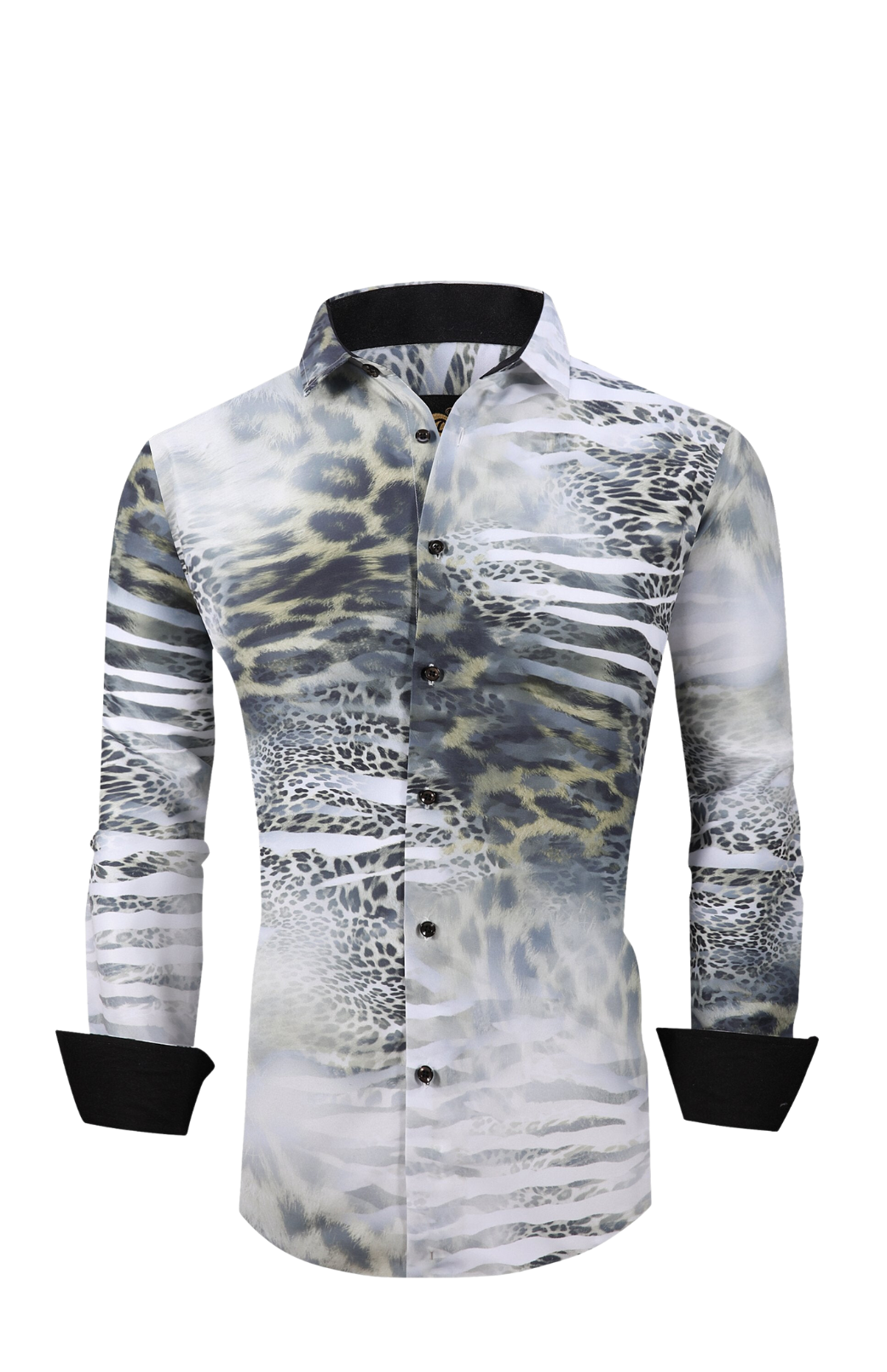Men PREMIERE Long Sleeve Button Down Dress Shirt White Leopard Clouds