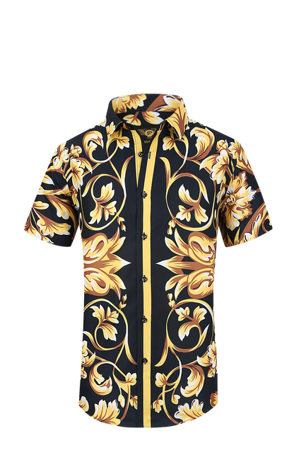 PREMIERE SHORT SLEEVE SHIRTS: BLACK/GOLD FLORAL TRIBAL