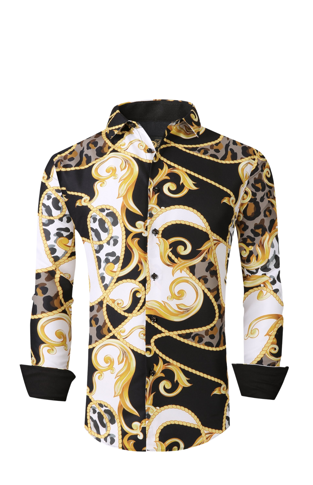 Mens PREMIERE Long Sleeve Button Down Dress Shirt White Black Gold Leaf Abstract