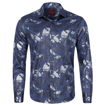 PREMIERE SHIRTS: NAVY BLUE/SILVER FOIL PAISLEY