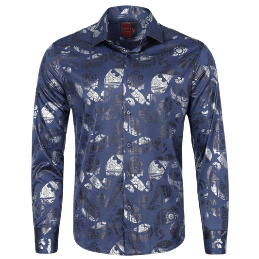 PREMIERE SHIRTS: NAVY BLUE/SILVER FOIL PAISLEY