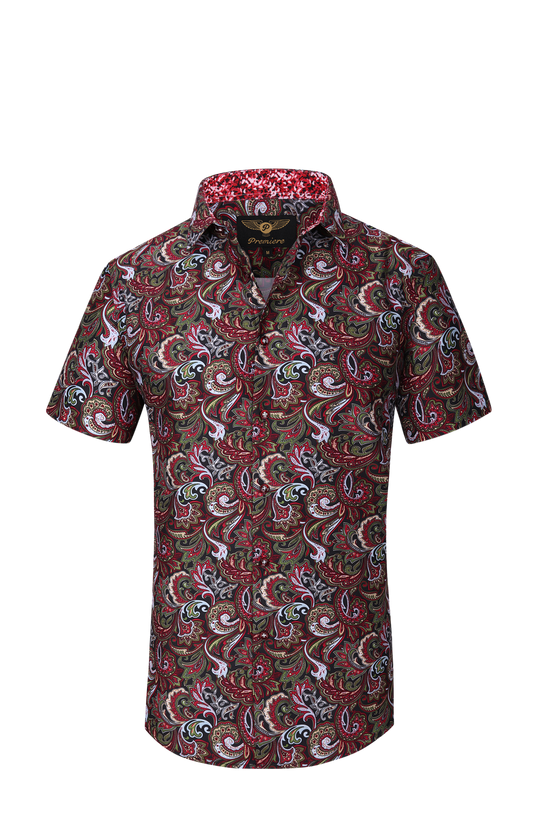 PREMIERE SHORT SLEEVE SHIRTS: MULTICOLOR RED PAISLEY