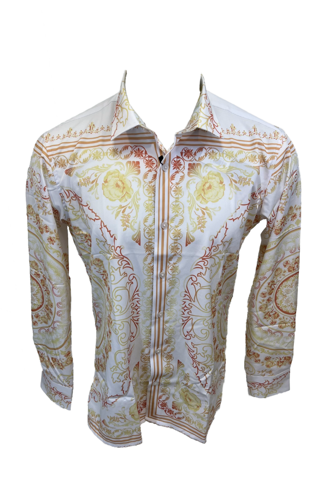 Men's Silky Long Sleeve Button Down Dress Shirt White Gold Colorful Floral Leaf Tribal Chain