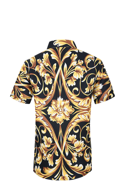 PREMIERE SHORT SLEEVE SHIRTS: BLACK/GOLD FLORAL TRIBAL